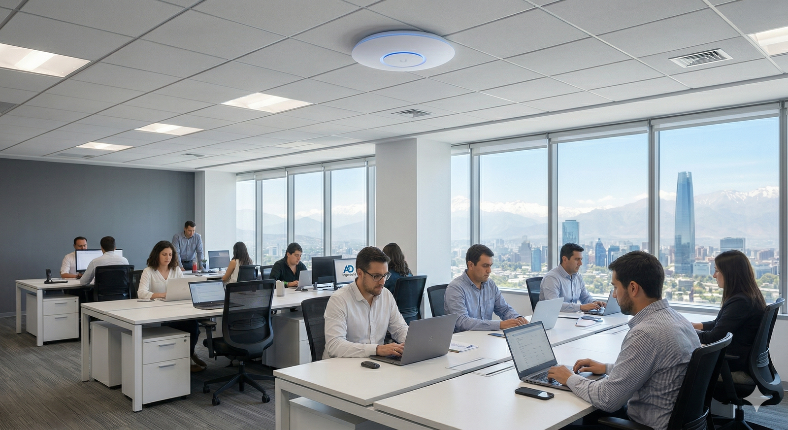 Oficina corporativa con múltiples usuarios conectados a la red